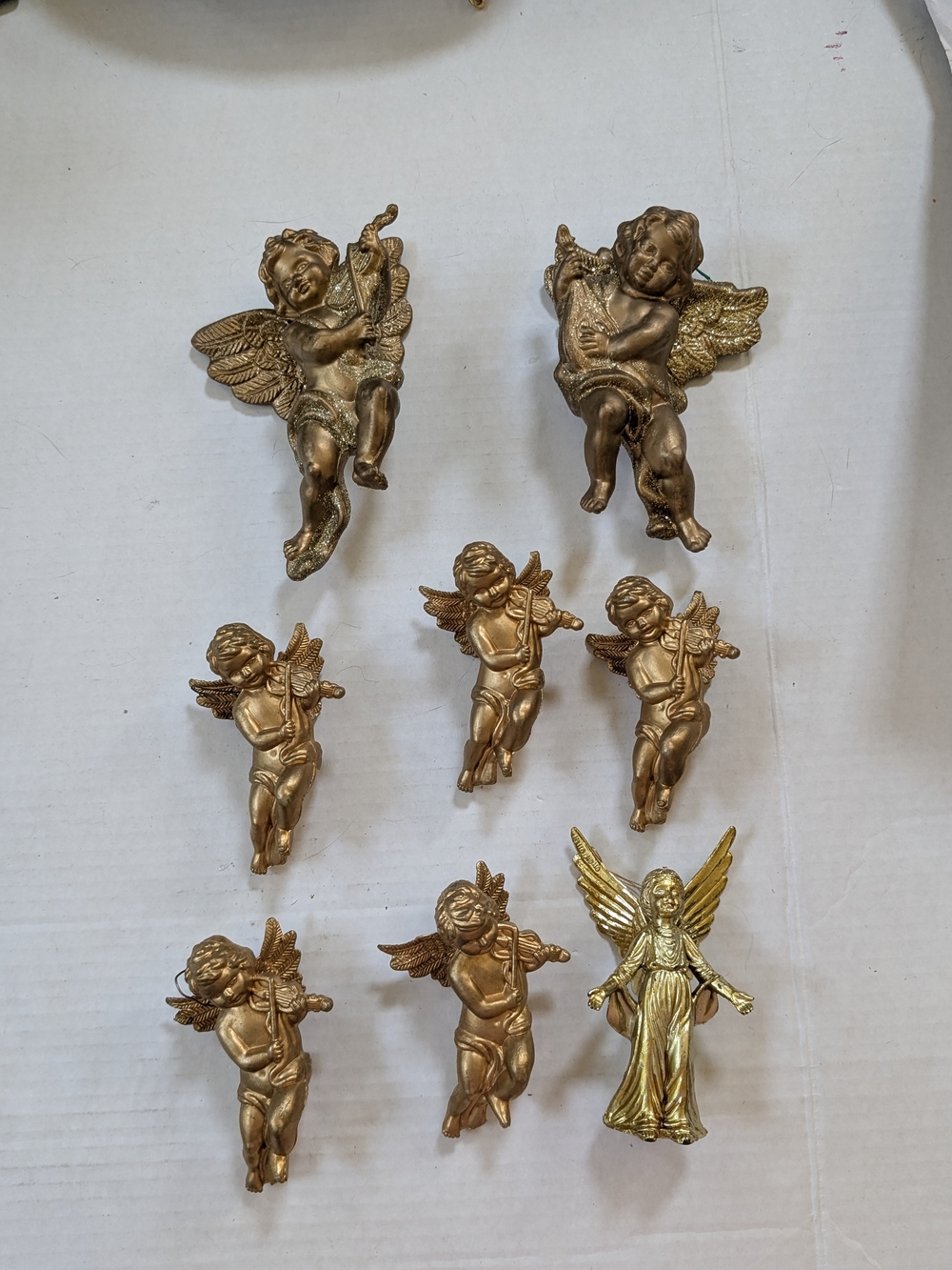 8 Vintage Gold Tone Cherub Angels Christmas Ornaments Hanging Plastic. They are